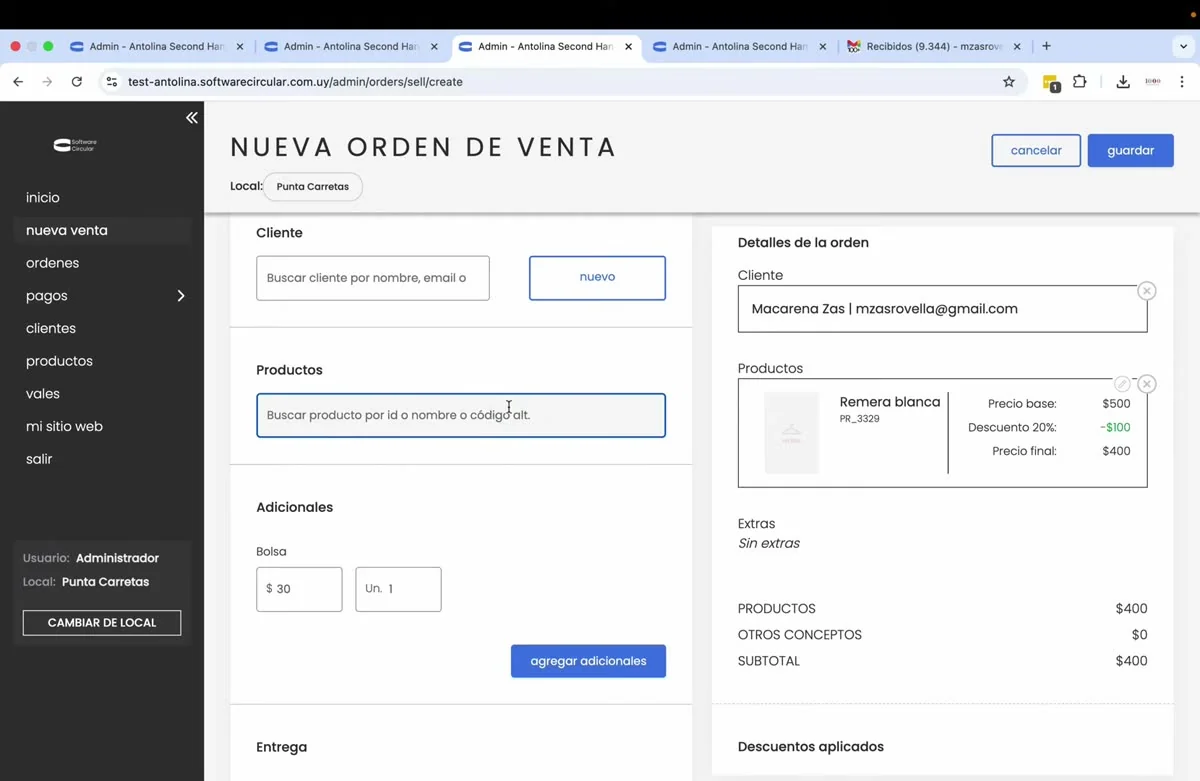 Bloque de Adicionales dentro de la orden