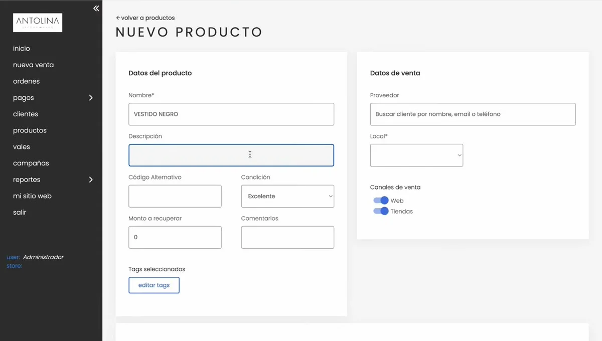 Formulario de alta de producto