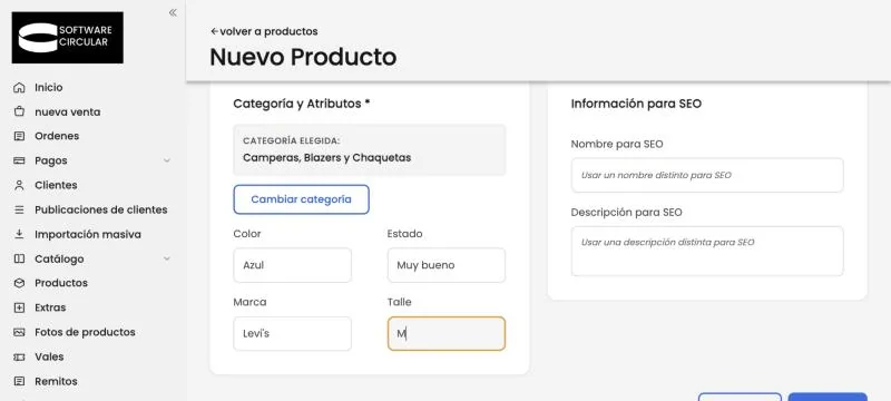 Categoría elegida y atributos cargados