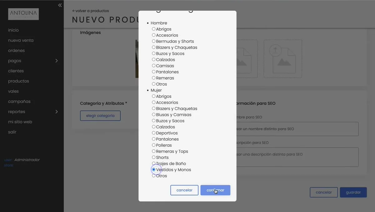 Selector de categorías