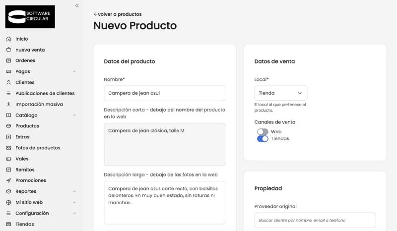 Datos del producto y datos de venta cargados