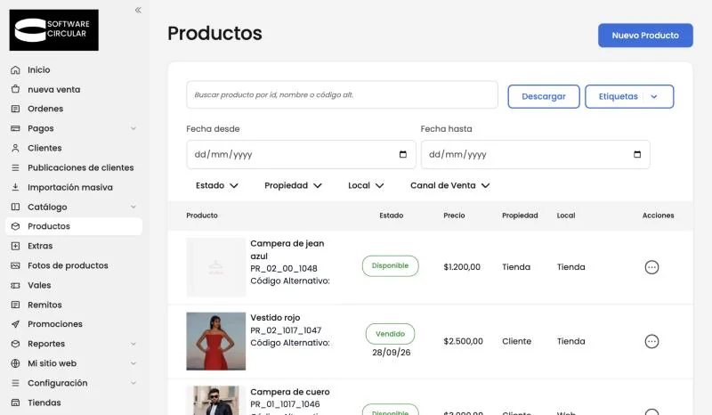 Listado de productos con el botón Nuevo Producto