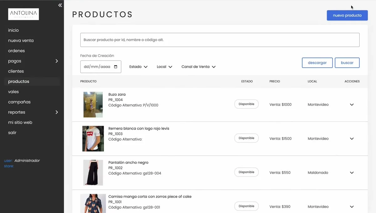 Listado de productos con el botón nuevo producto