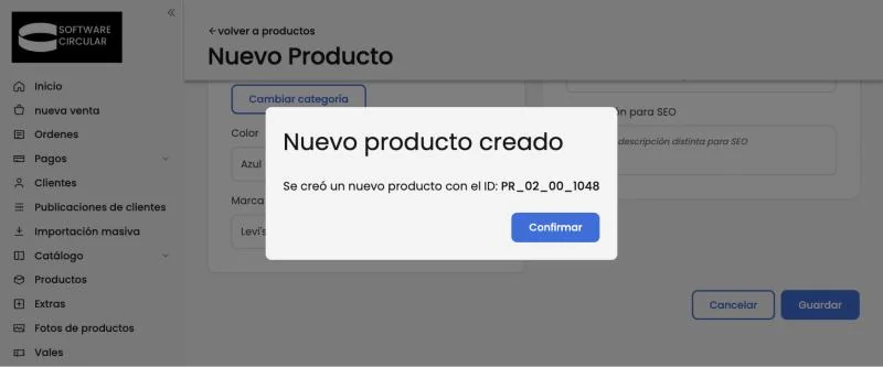 Aviso de producto creado con su código interno