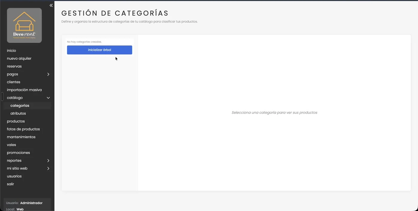 Pantalla de categorías vacía