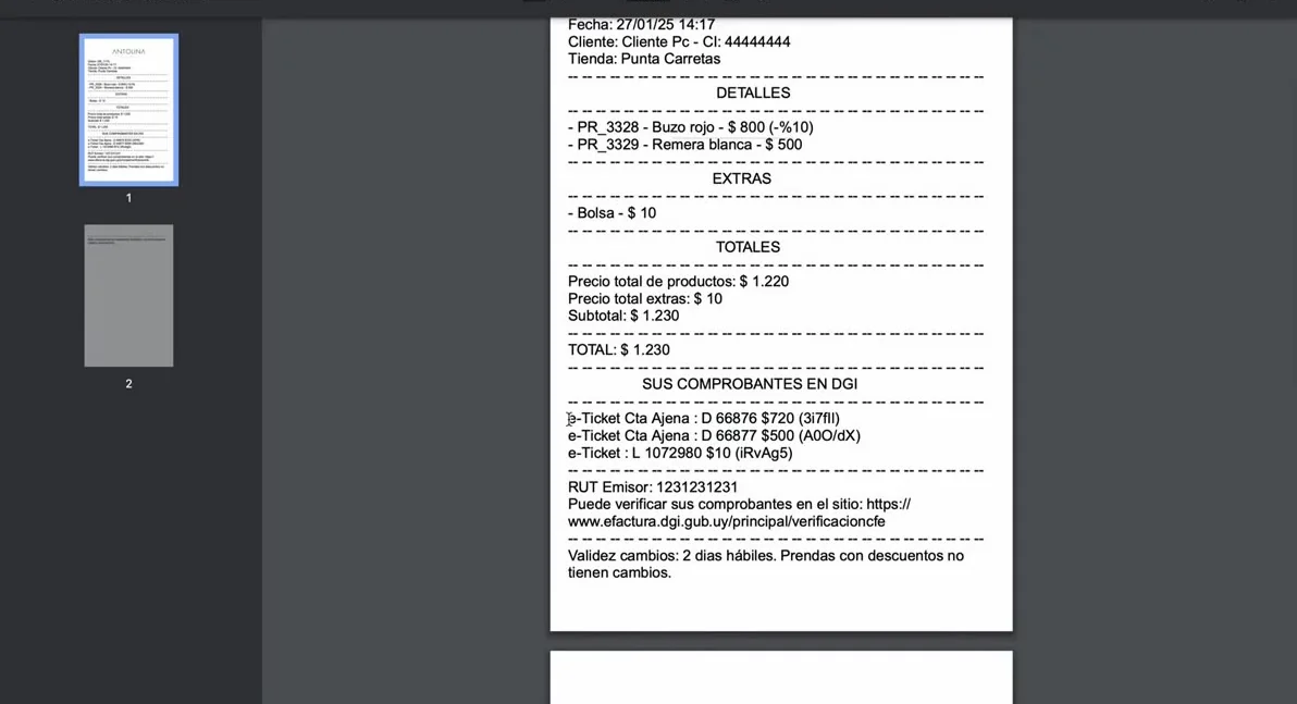 Comprobantes listados al pie del ticket