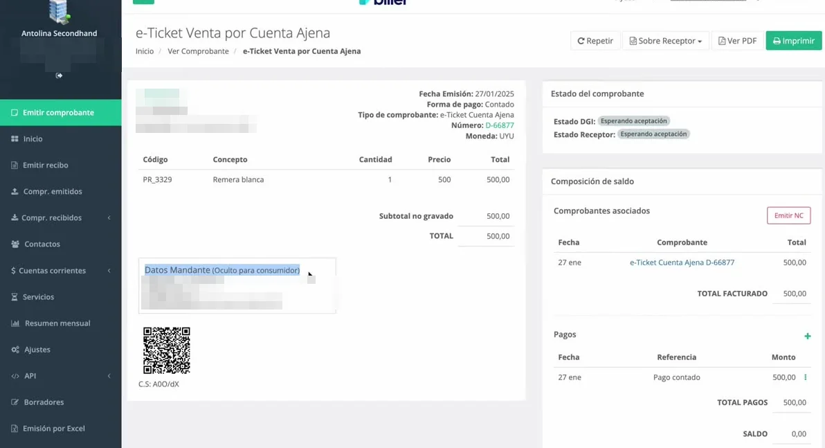 Detalle del e-Ticket con los datos del mandante