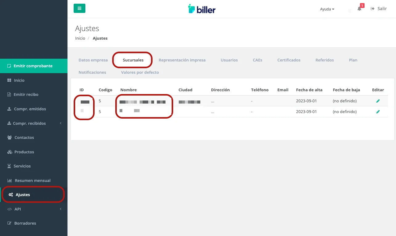 La pestaña Sucursales de Ajustes, con las columnas ID y Nombre
