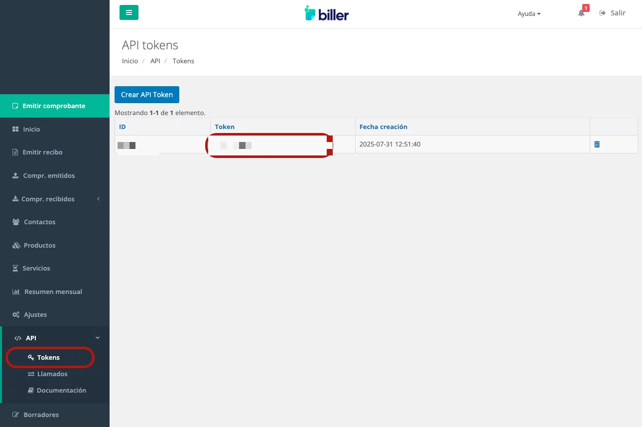 El menú API › Tokens de Biller, con el botón Crear API Token