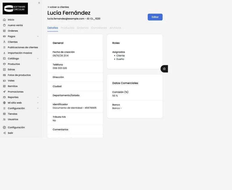 La ficha de un cliente con sus pestañas, roles y comisión