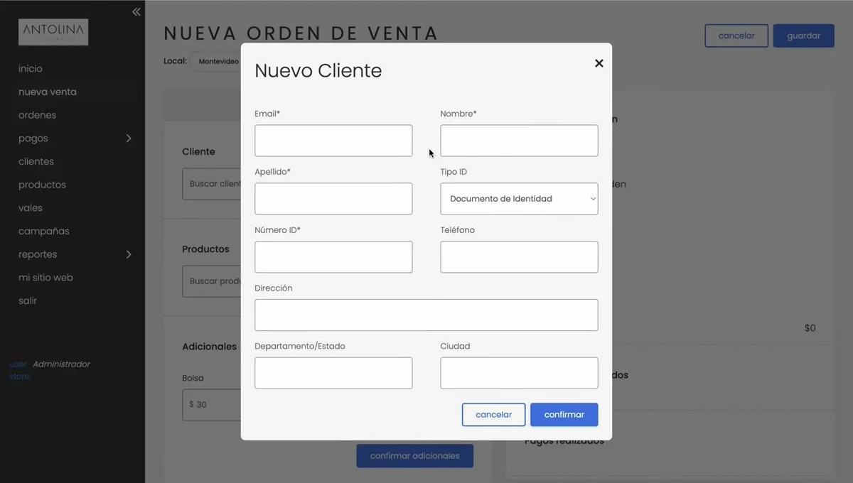 Ventana Nuevo Cliente dentro de la orden de venta
