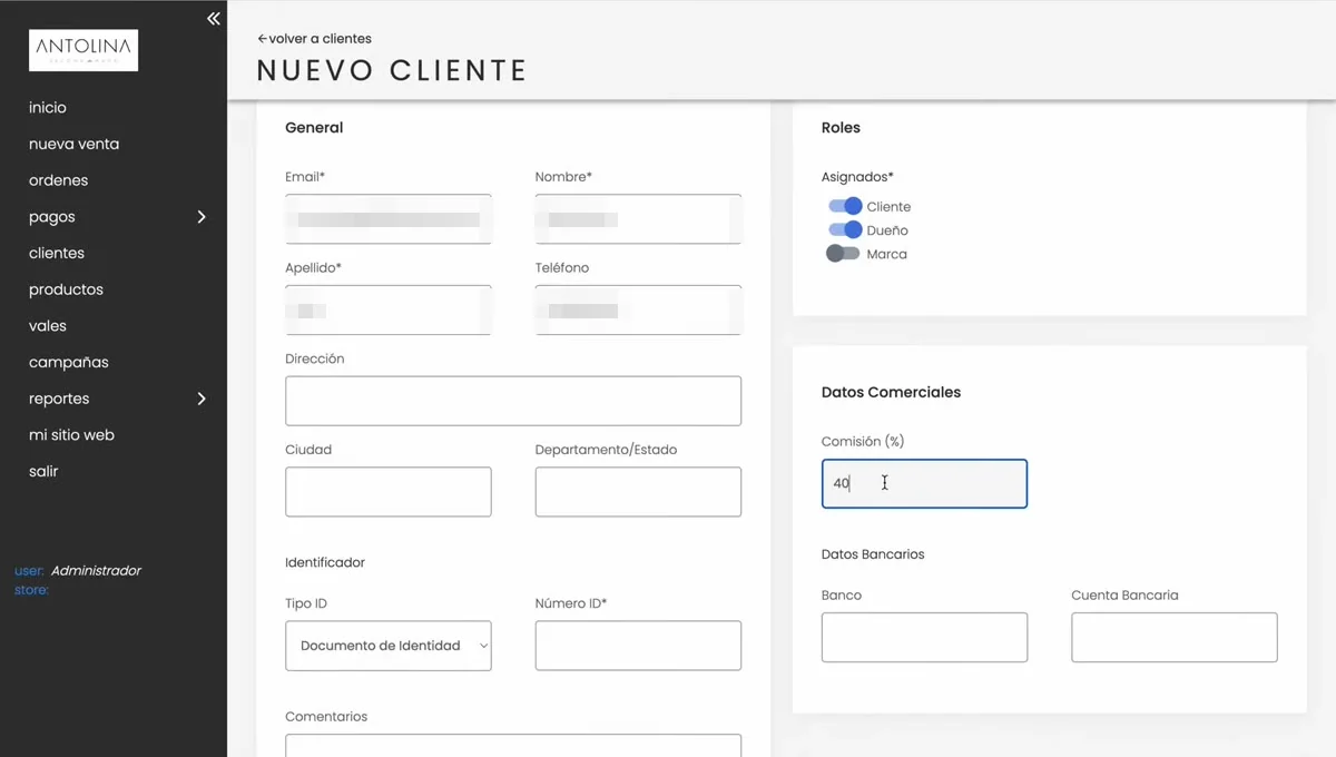 Rol Dueño activado y comisión autocompletada en 40