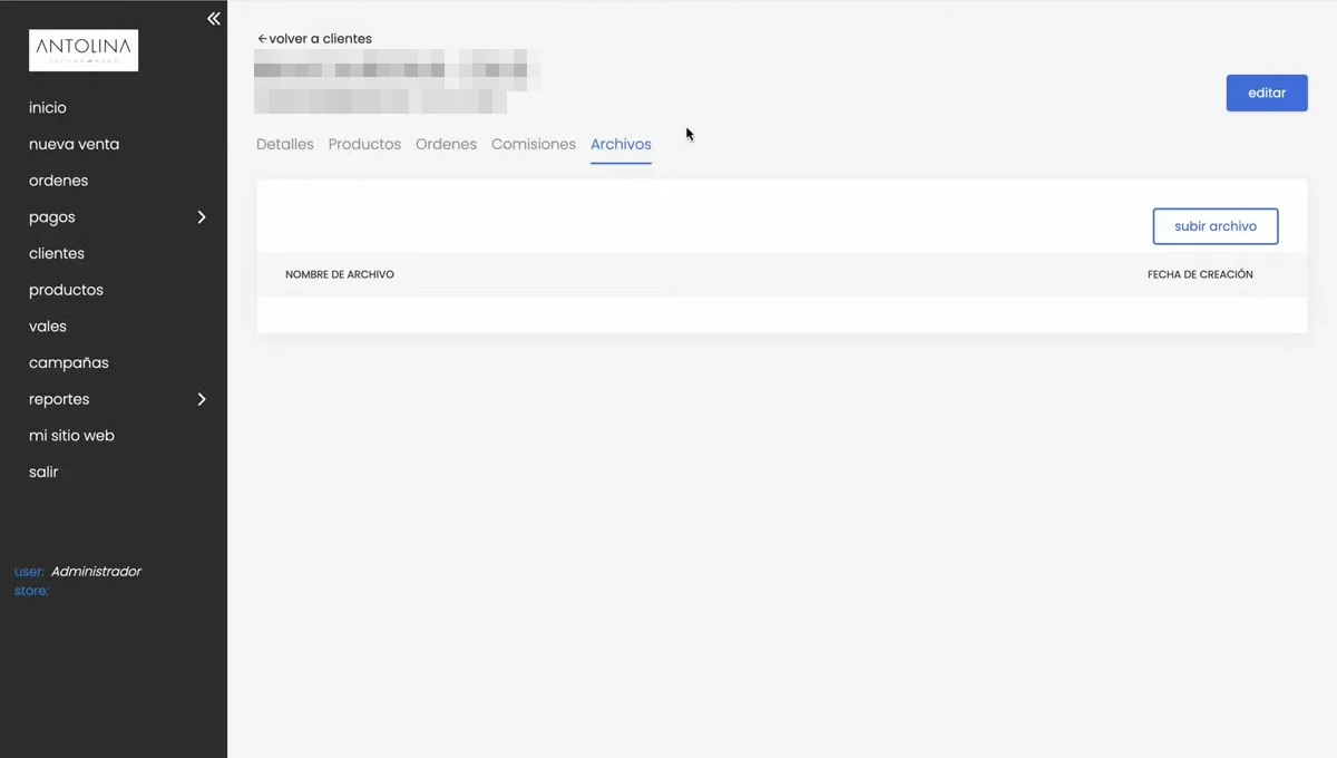 Ficha del cliente con sus pestañas