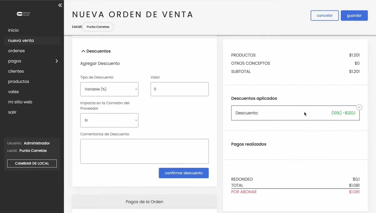 Descuento reflejado en el total de la orden