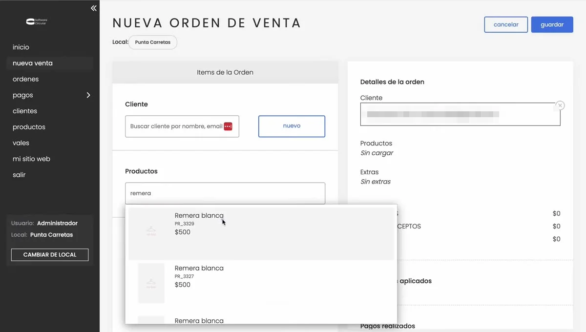 Buscador de productos en la orden