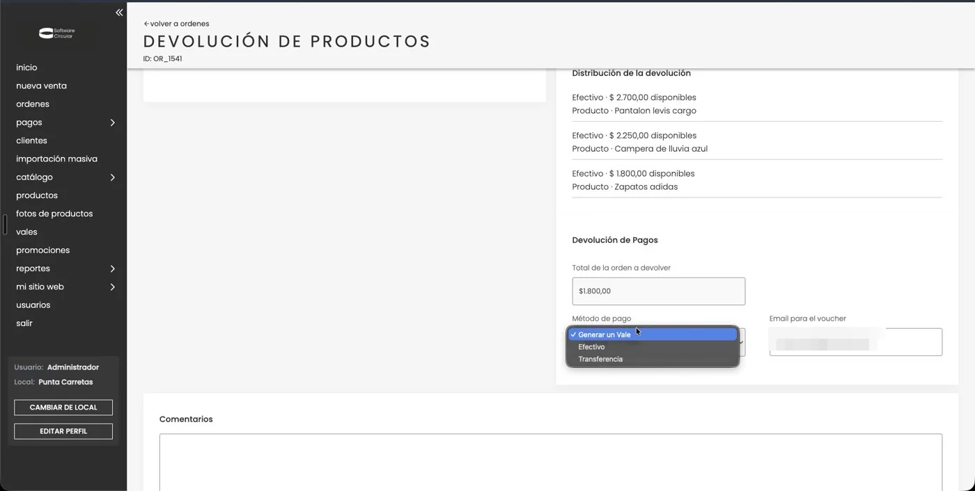 Métodos de devolución disponibles