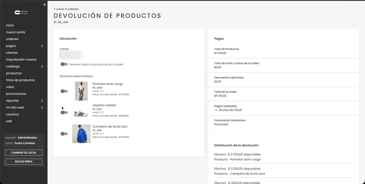 Selección de productos a devolver