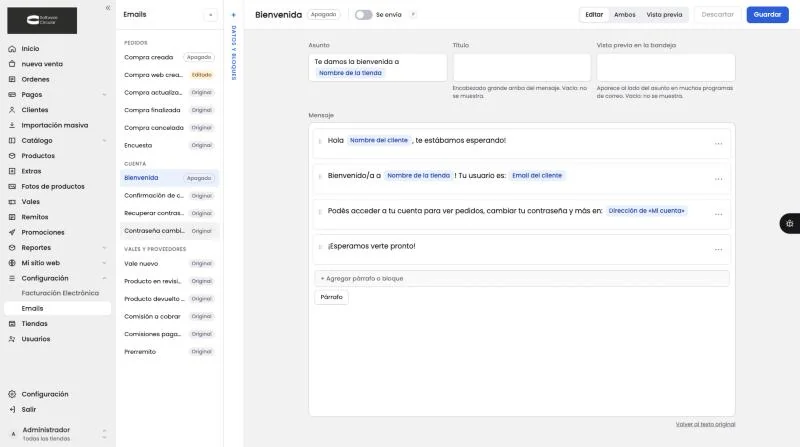 La lista agrupada en Pedidos, Cuenta y Vales y proveedores, con el estado de cada email a la derecha de su nombre