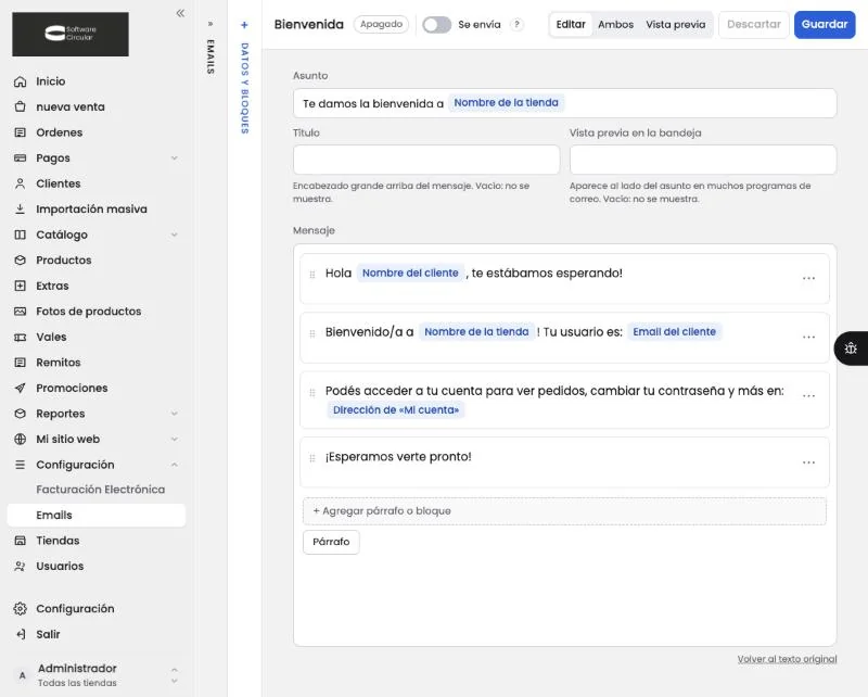 El editor de un email: arriba el interruptor Se envía y los botones Descartar y Guardar; abajo los campos Asunto, Título, Vista previa en la bandeja y Mensaje