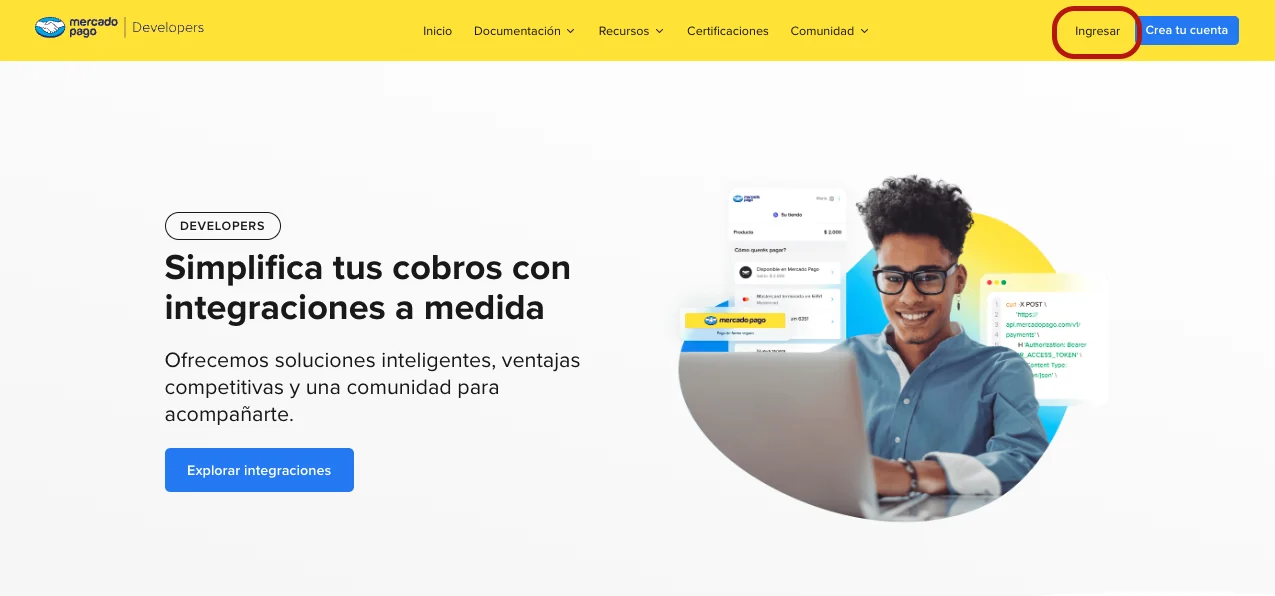La página de Mercado Pago Developers, con el botón Ingresar arriba a la derecha