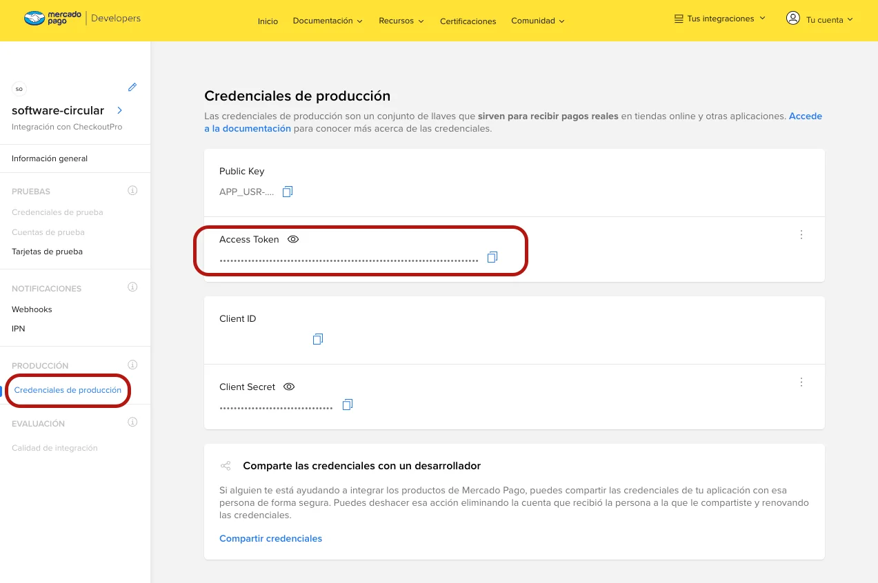 La pantalla Credenciales de producción, con el Access Token resaltado