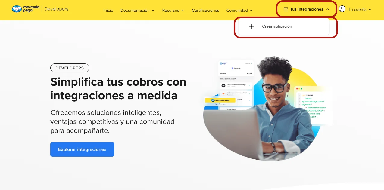 El menú Tus integraciones abierto, con la opción Crear aplicación