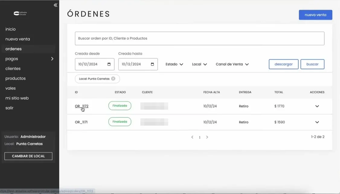 Listado de órdenes