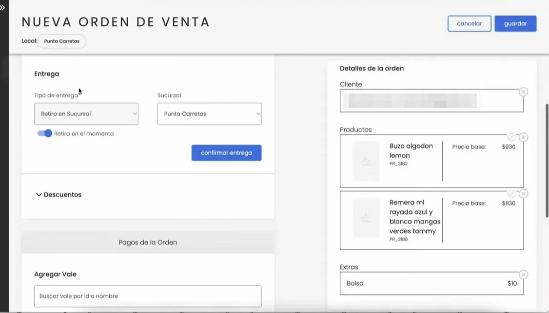 Bloque de entrega y detalle de la orden