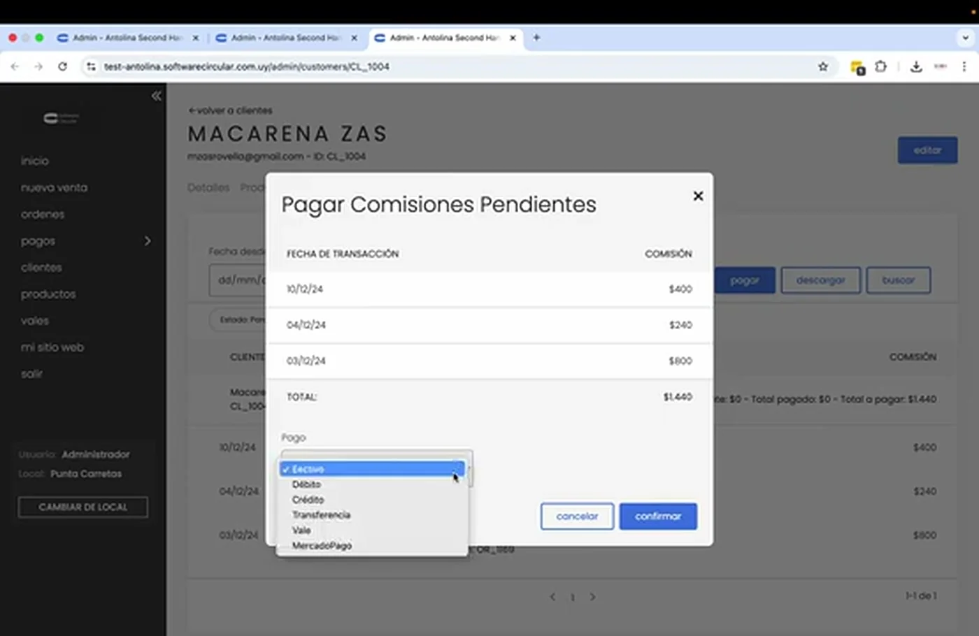 Ventana de pago con las formas disponibles