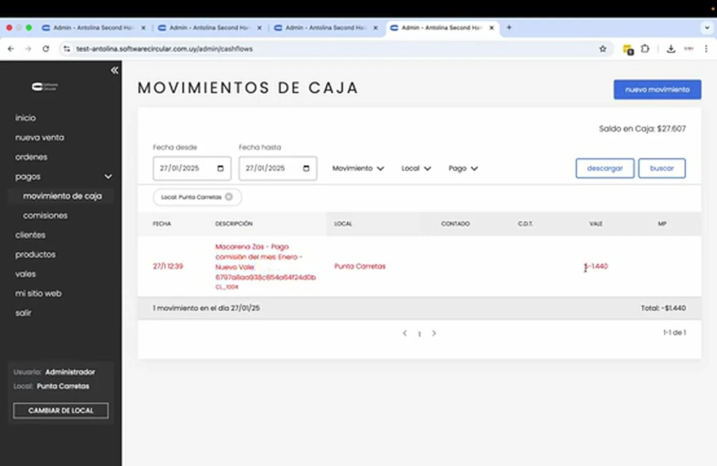 Movimiento de caja del pago