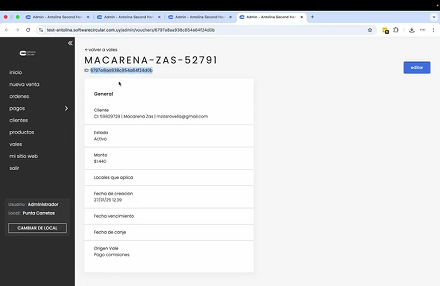 Ficha de un vale generado por el pago de comisiones