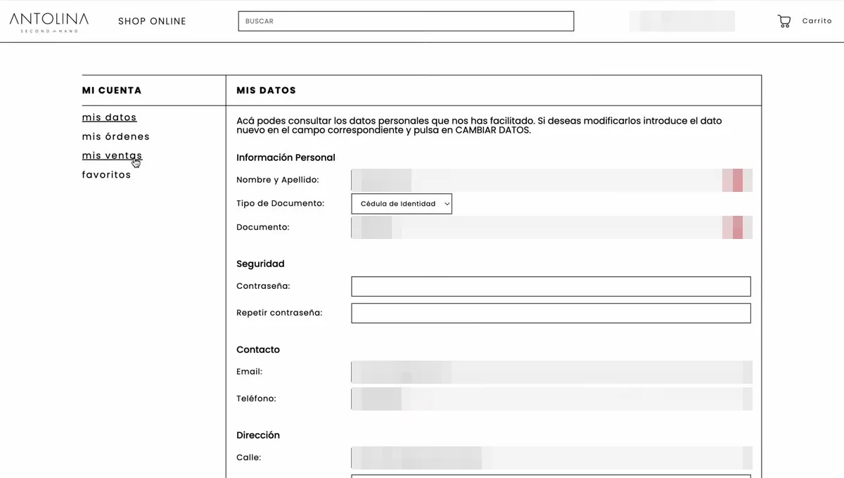 Sección mi cuenta en el sitio web
