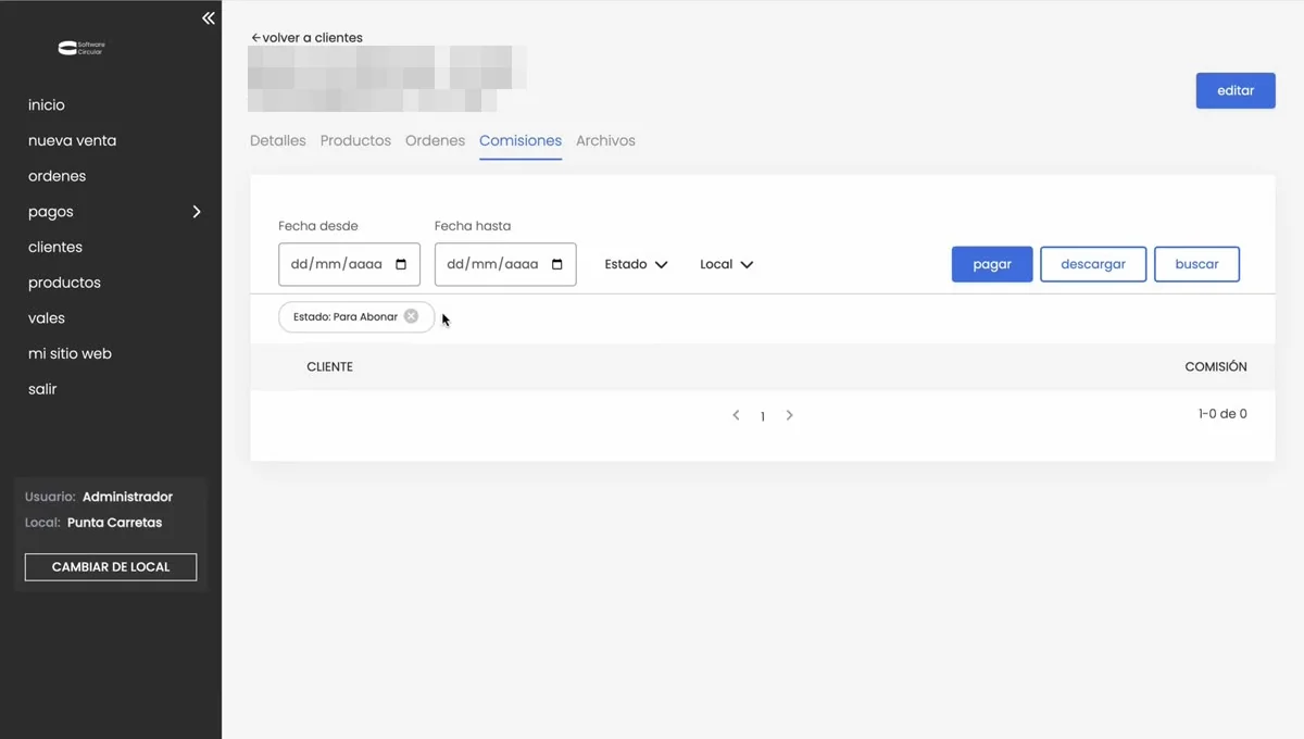 Comisiones en el backoffice